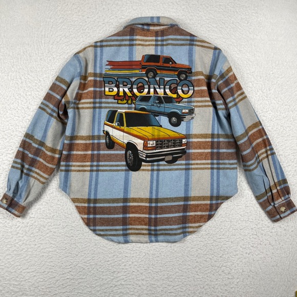 Ford Tops - Ford Bronco Flannel Shirt Womens Small Blue Brown‎ Plaid Graphic Back Shacket
